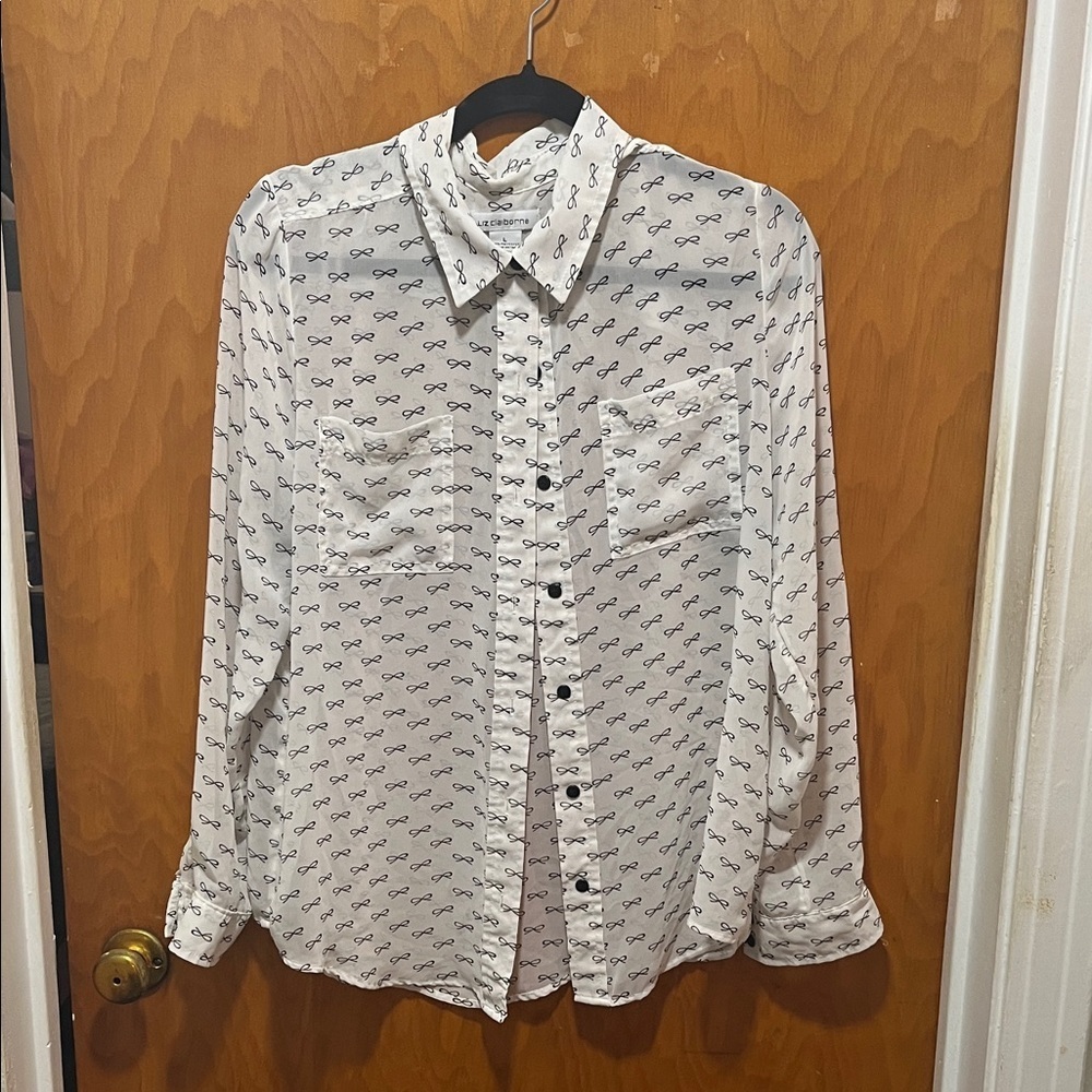 Liz Claiborne Ivory Blouse with Black Ribbon Pattern - Picture 1 of 5